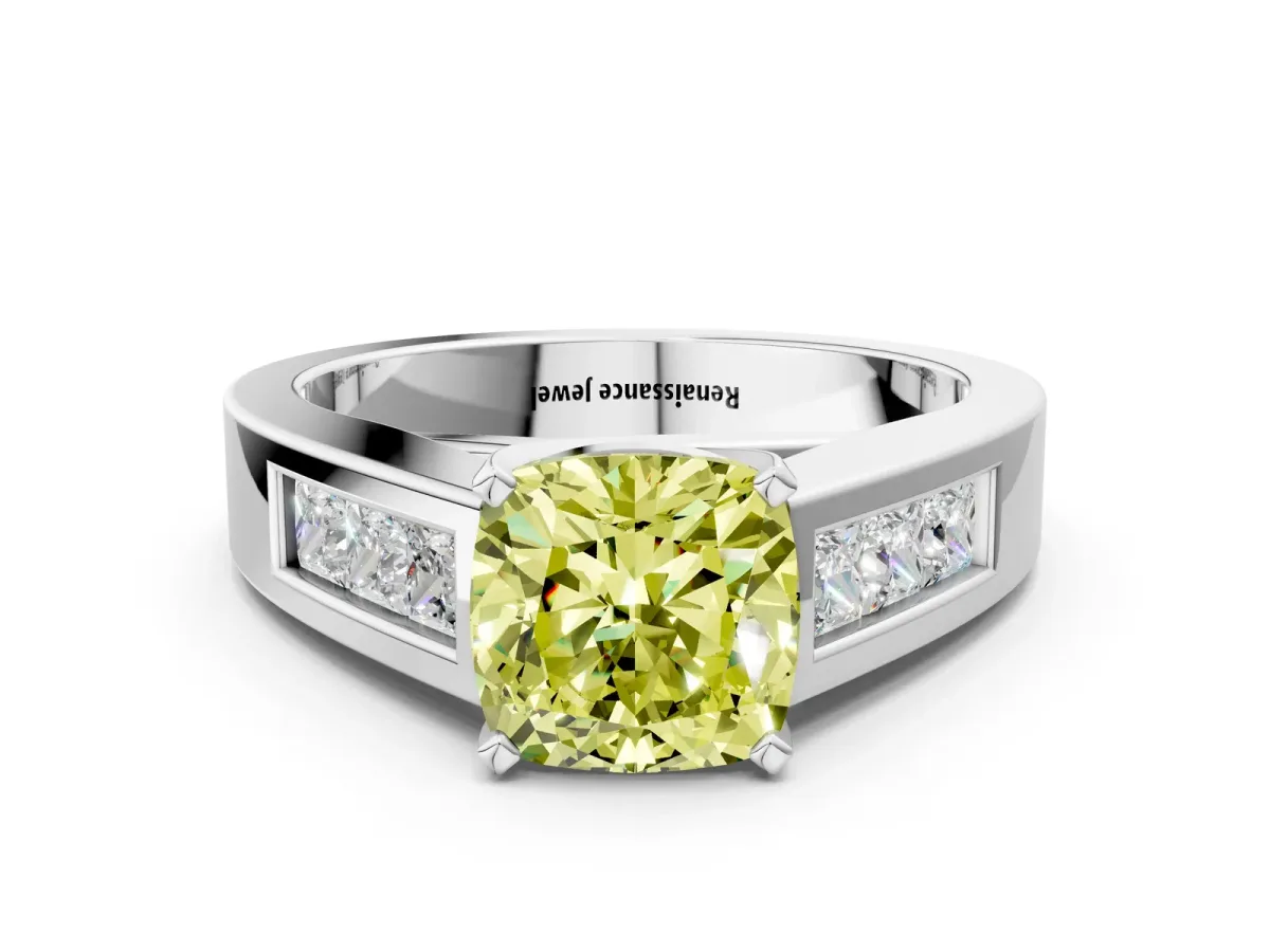 Fancy Yellow Cushion Cut Cut Channel Set Solitaire Ring with Four-Prong Setting White gold