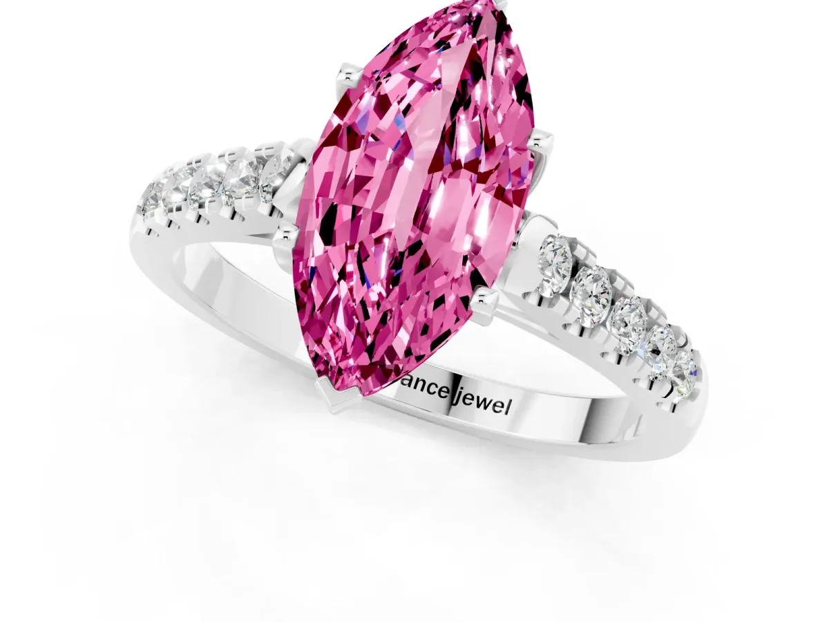 Marquise Cut Pink Sapphire Pavé Band Solitaire Ring with Prong Setting Silver