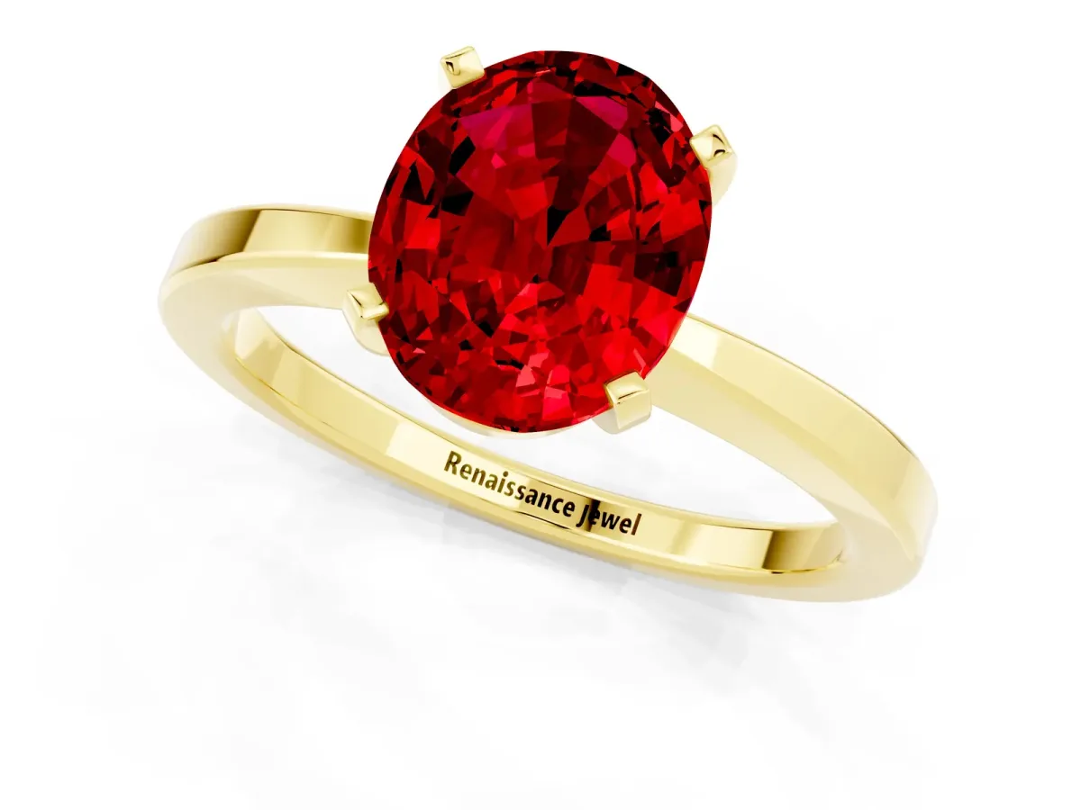 Oval Cut Ruby Solitaire Engagement Ring with Classic Band and Four-Prong Setting Yellow gold