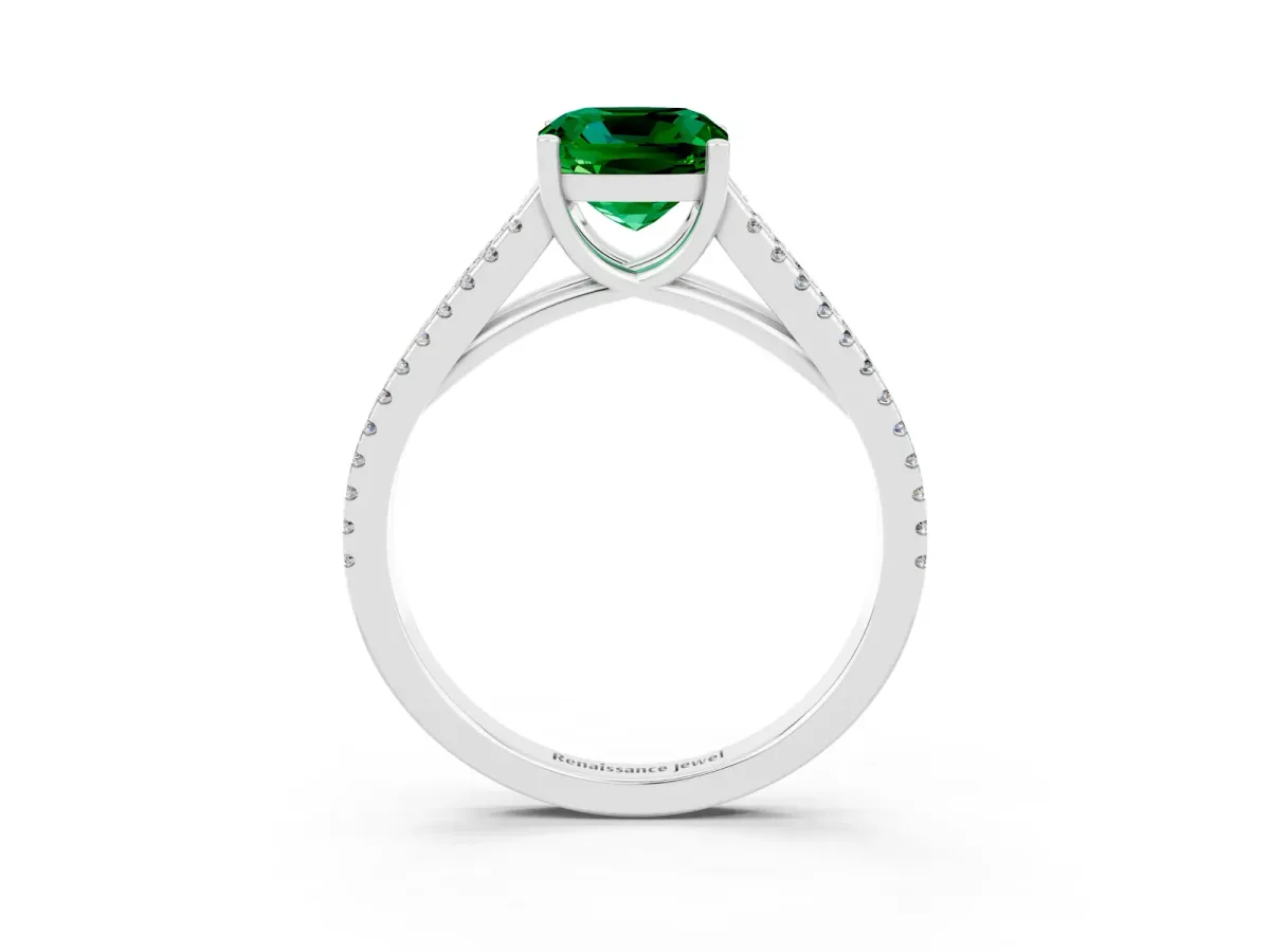 Cushion Cut Emerald Solitaire Engagement Ring with Split Shank Pavé Band Silver