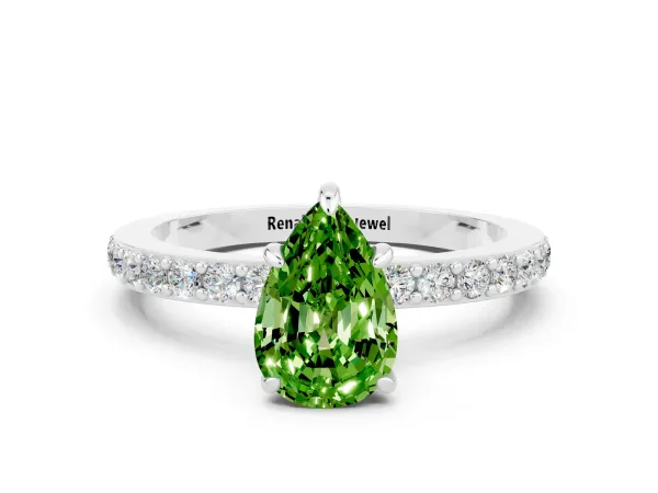 Pear Cut Peridot Solitaire Engagement Ring with Pavé Band and Four-Prong Setting Platinum