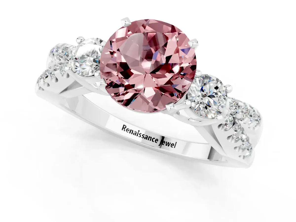 Round Cut Morganite Three-Stone Ring with Pavé Split Shank and Four-Prong Setting Silver