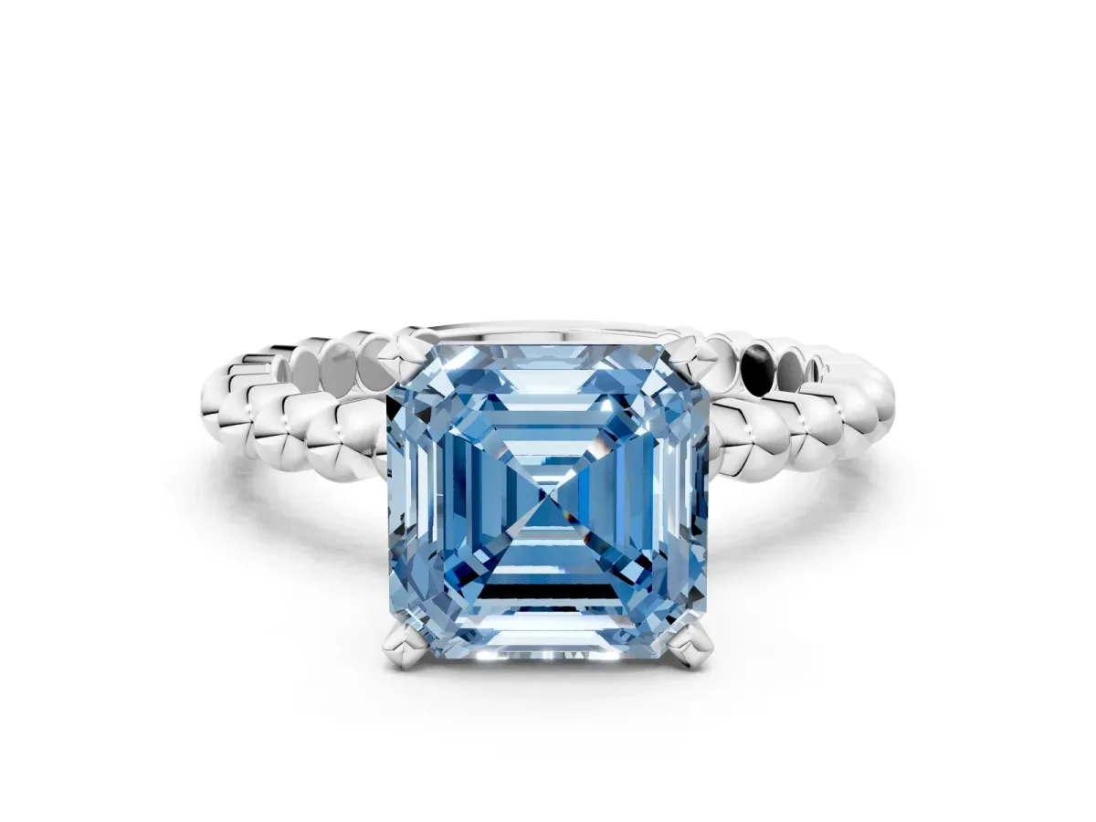 Fancy Blue Asscher Cut Diamond Solitaire Ring with Beaded Band and Prong Setting Silver