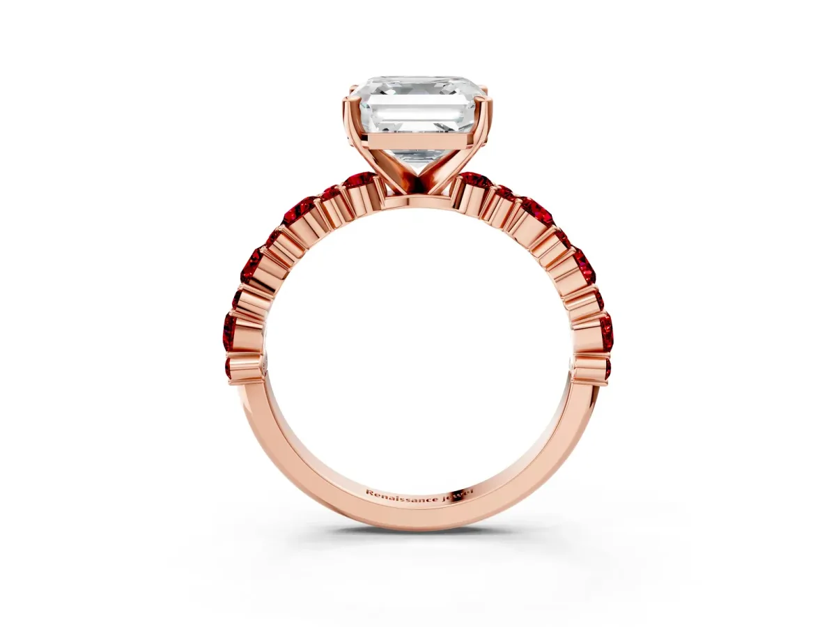 Asscher Cut Diamond Side Stone Solitaire Ring with Round Ruby and Four-Prong Setting Rose gold
