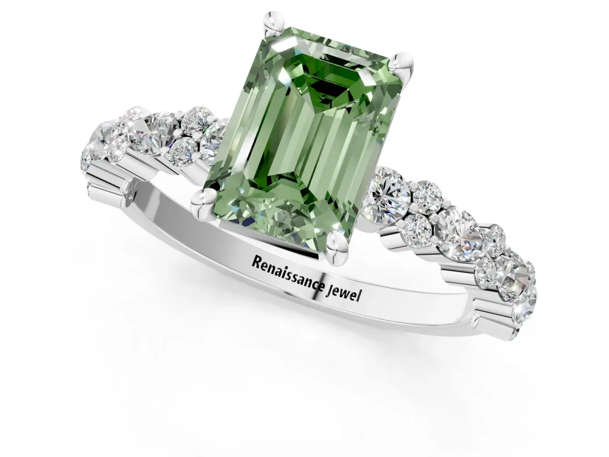 Fancy Green Emerald Cut Diamond Side Stone Solitaire Ring with Round and Four-Prong Setting White gold