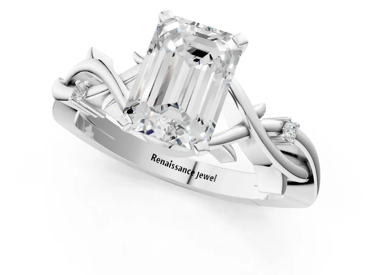 Emerald Cut Diamond Solitaire Ring with Twisted Band and Prong Setting White gold