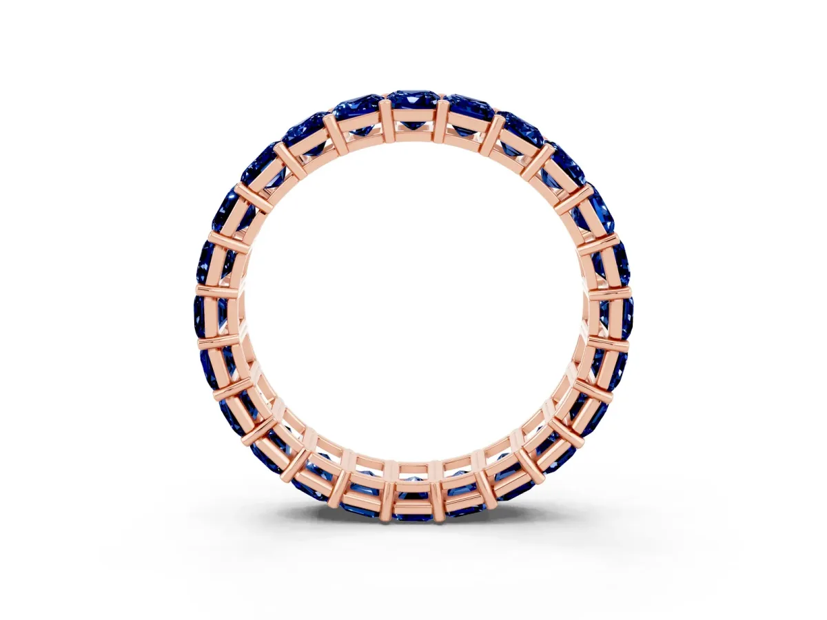 Emerald Cut Blue Sapphire Eternity Band with Shared Prong Setting Rose gold