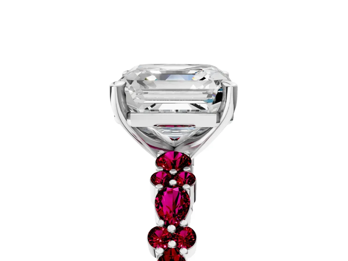 Asscher Cut Diamond Side Stone Solitaire Ring with Round Garnet and Four-Prong Setting Silver
