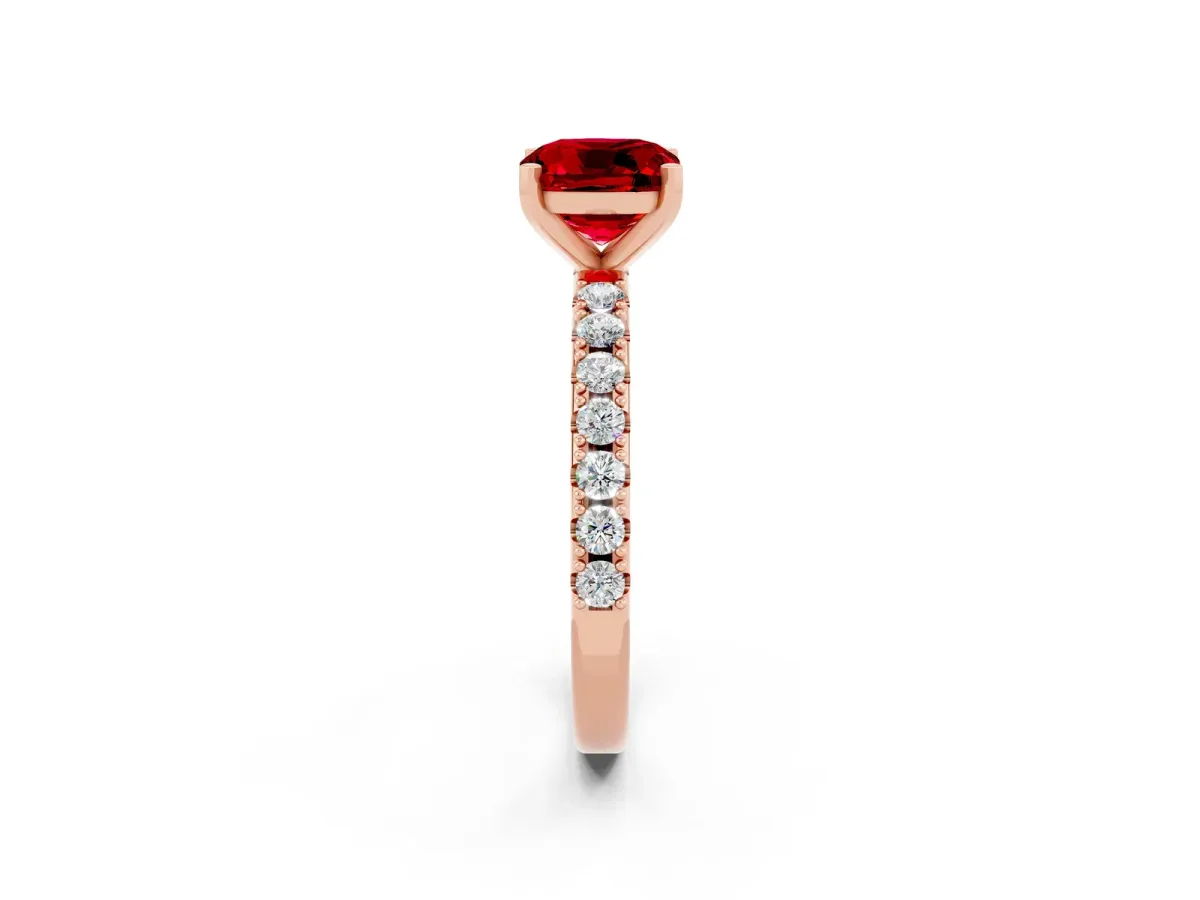 Cushion Cut Ruby Solitaire Pavé Band with Four-Prong Setting Rose gold