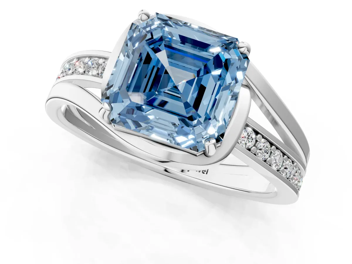 Fancy Blue Asscher Cut Diamond Solitaire Ring with Split Shank and Prong Setting Platinum