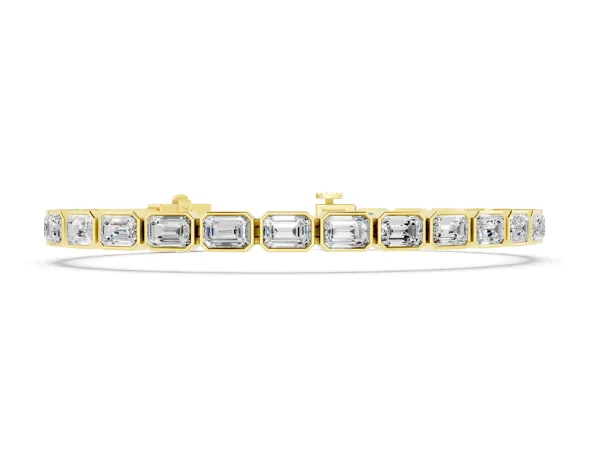 East-West Emerald Cut Diamond Tennis Bracelet with Bezel Setting Yellow gold