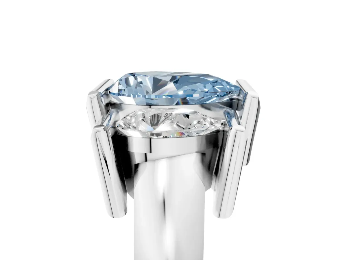 Fancy Blue Three Stone Pear Cut Cut Channel Set Diamond Ring Silver