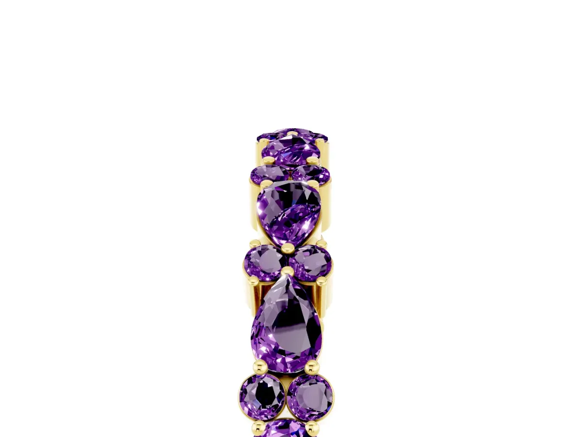 Pear and Round Amethyst Wedding Band Yellow gold