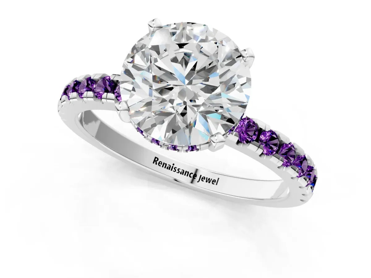 Round Cut Diamond Solitaire Ring with Round Amethyst Pavé Band and Four-Prong Setting Silver