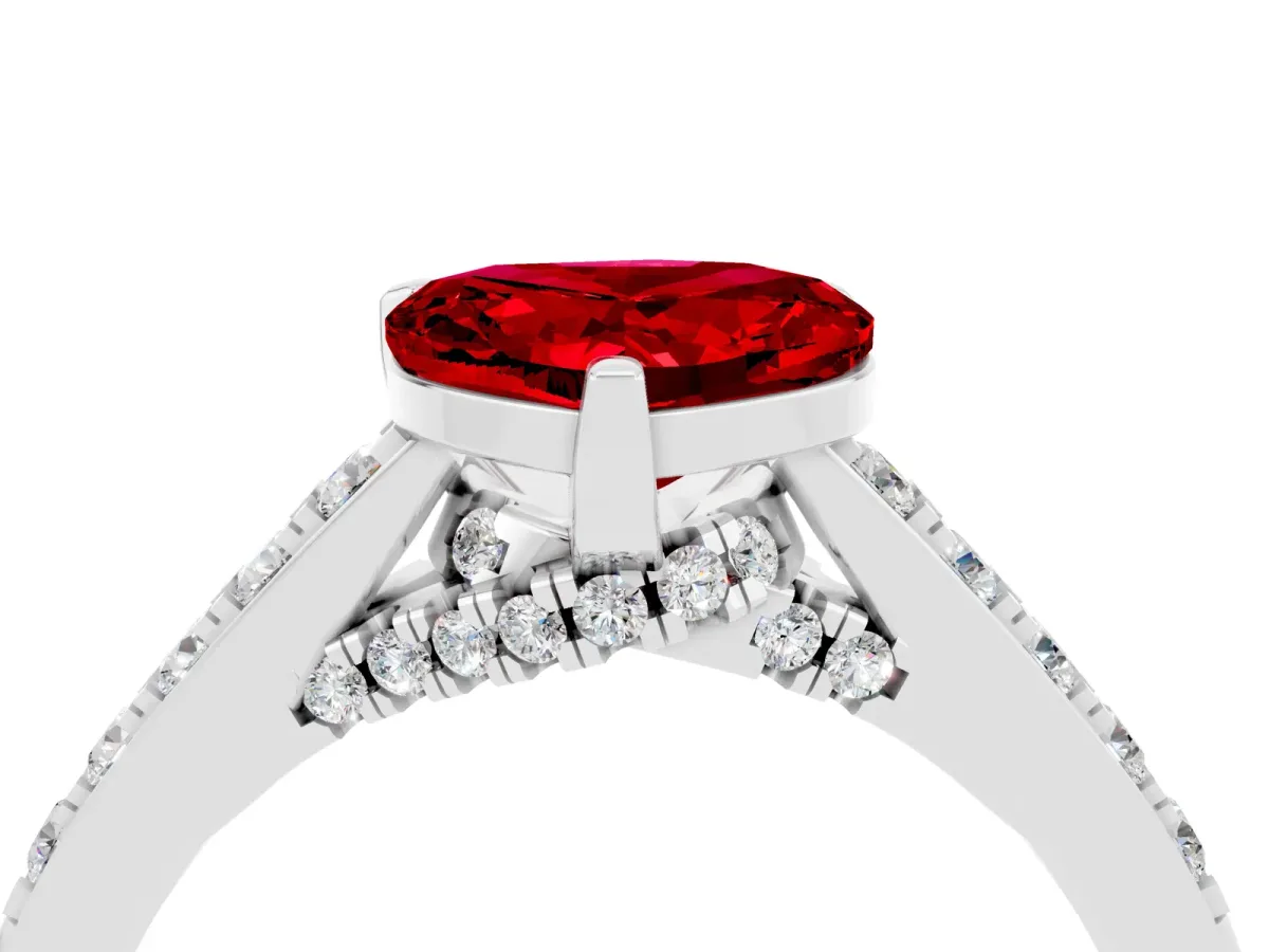Heart Cut Ruby Solitaire Ring with Crossover Gallery and Round Pavé Band Silver