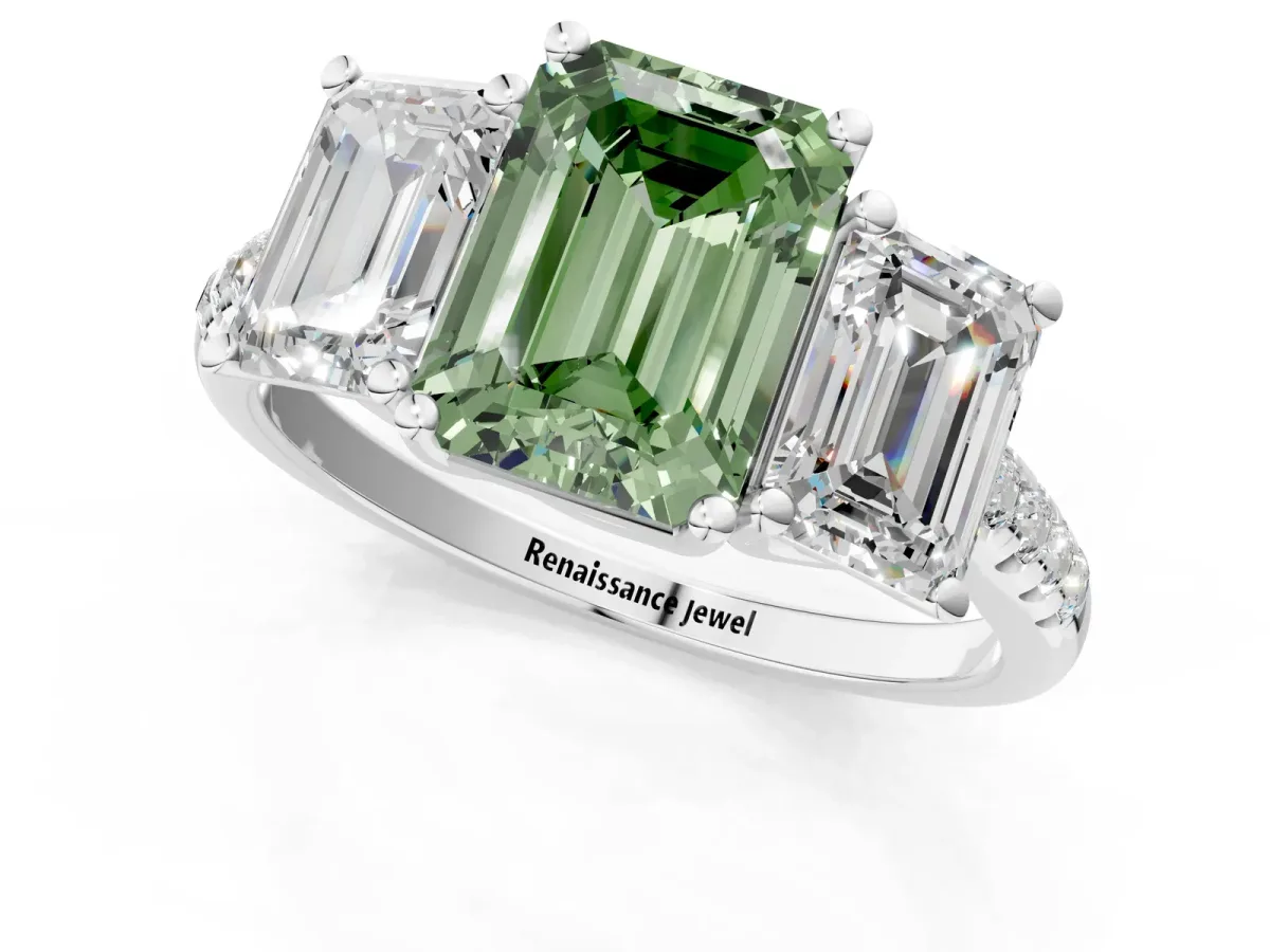 Fancy Green Three-Stone Emerald Cut Diamond Ring with Round Pavé Band and Prong Setting Platinum