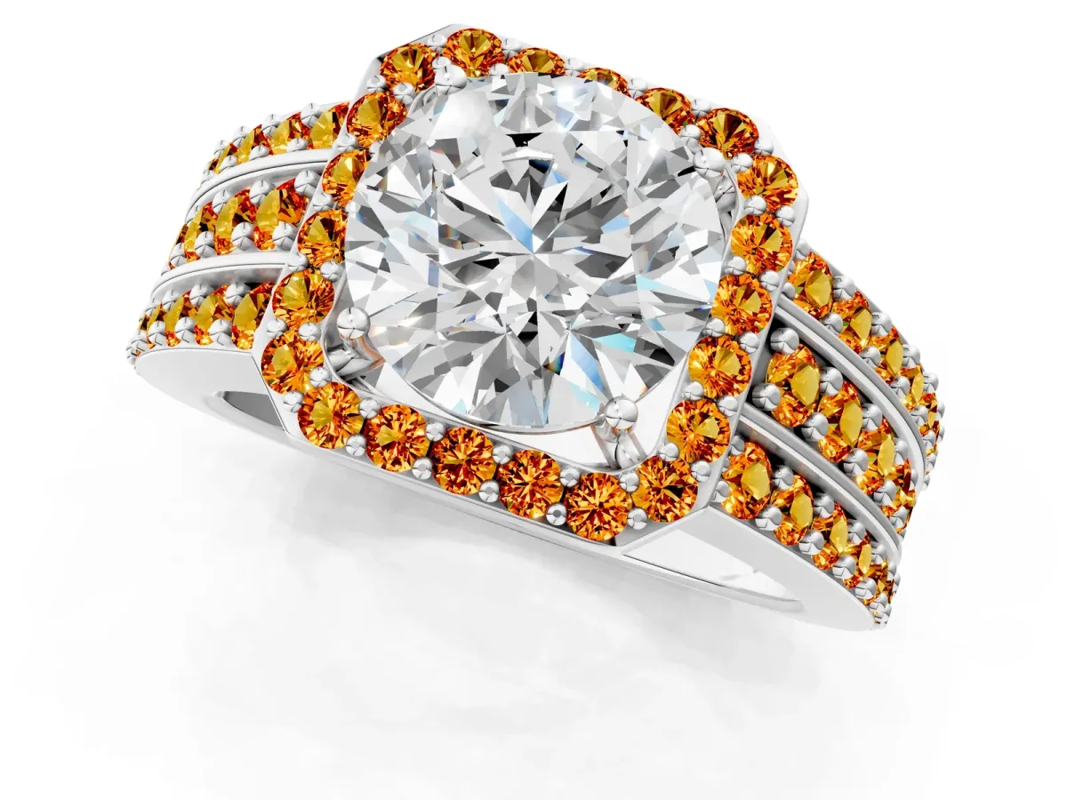 Round Cut Halo Diamond Ring with Round Citrine Split Shank and Prong Setting Platinum