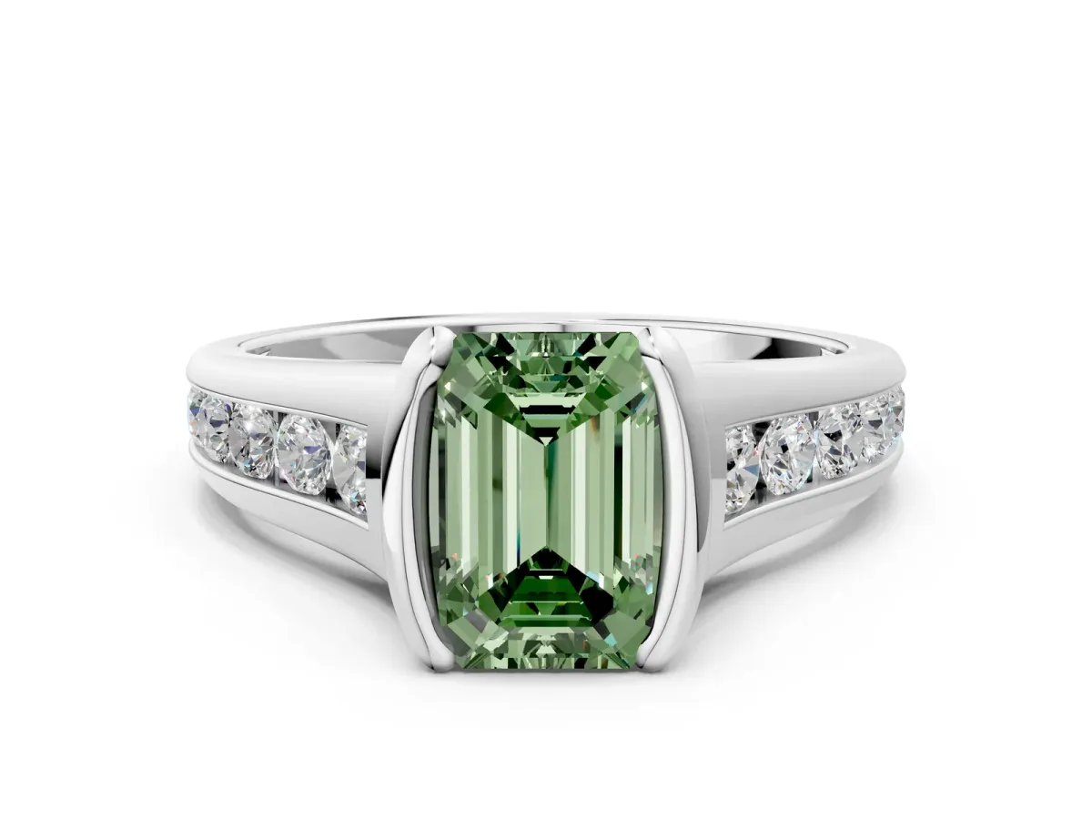 Fancy Green Emerald Cut Solitaire Bezel-Set Diamond Ring with Channel-Set Band Platinum