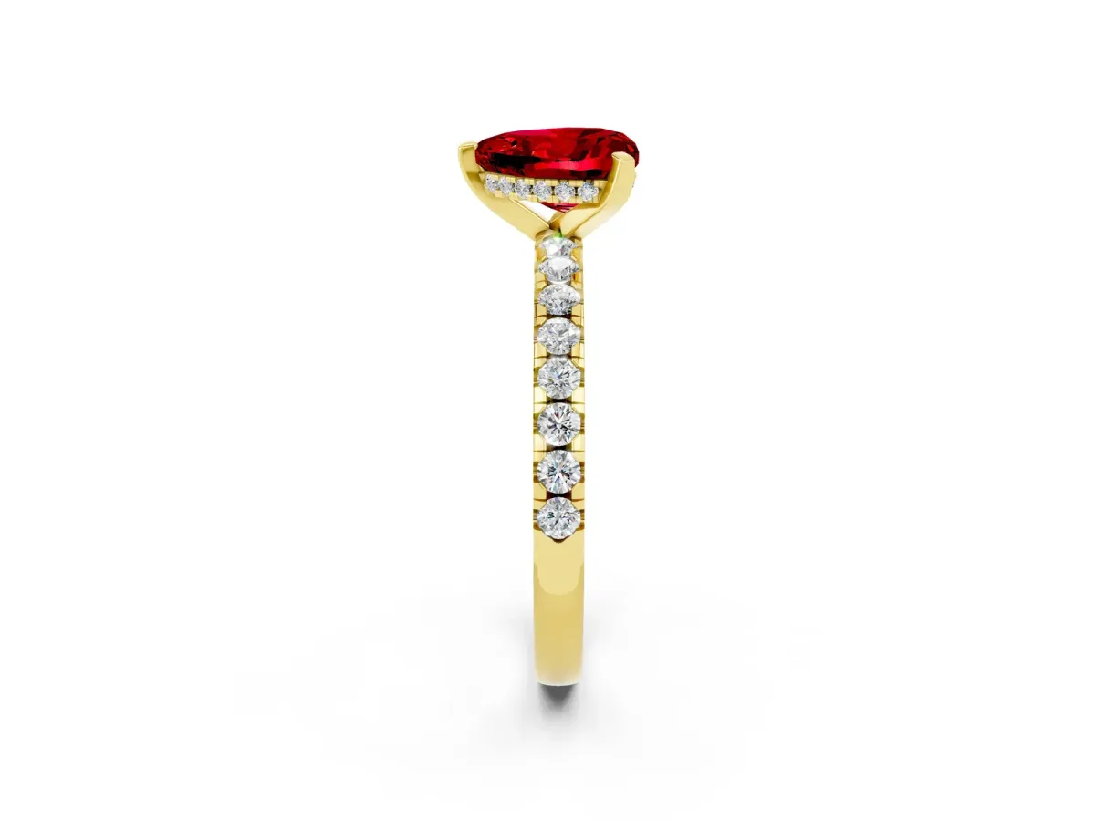 Heart Cut Ruby Solitaire Ring with Round Pavé Band and Four-Prong Setting Yellow gold
