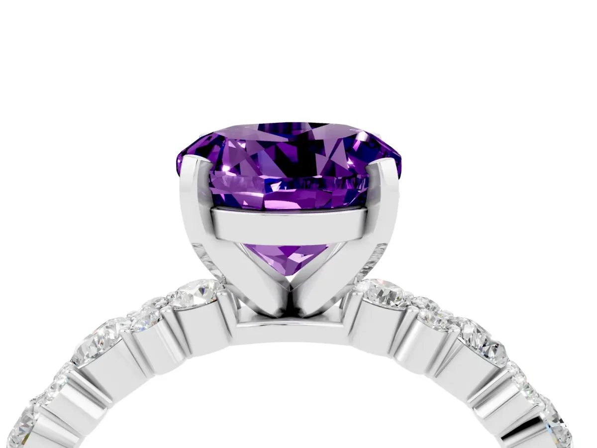 Round Cut Amethyst Side Stone Solitaire Ring with Round and Four-Prong Setting Platinum