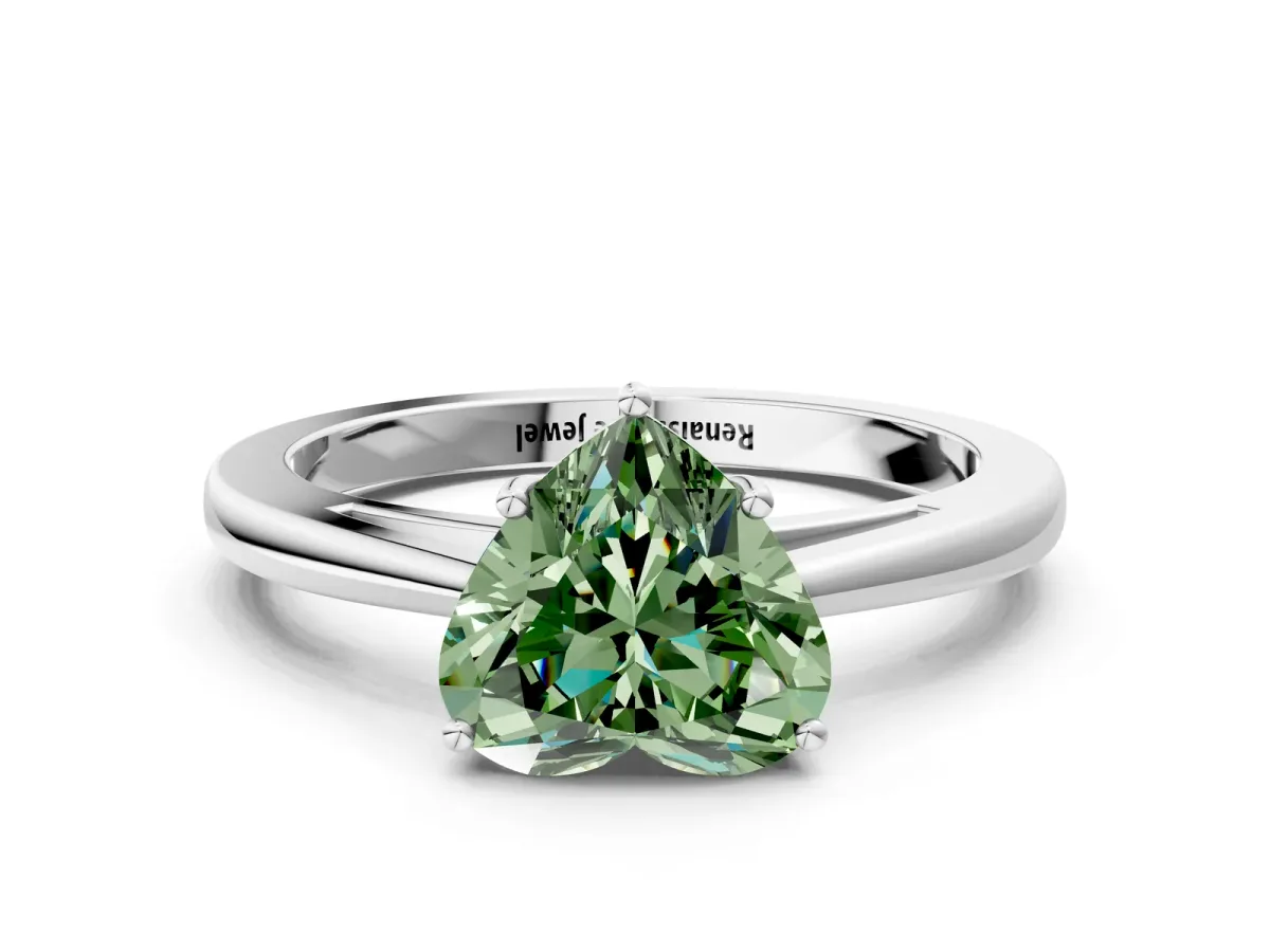 Fancy Green Heart Cut Solitaire Diamond Ring with Split Shank and Four-Prong Setting Platinum