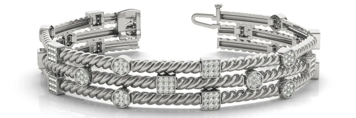 Pave Set Round and Square Diamond Twisted Cable Bracelet White gold