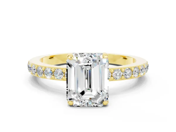 Emerald Cut Moissanite Solitaire Engagement Ring with Pavé Band and Four-Prong Setting Yellow gold