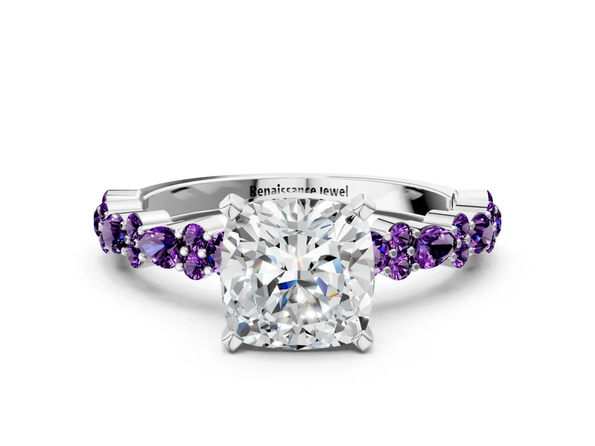 Cushion Cut Diamond Side Stone Solitaire Ring with Round Amethyst and Four-Prong Setting White gold