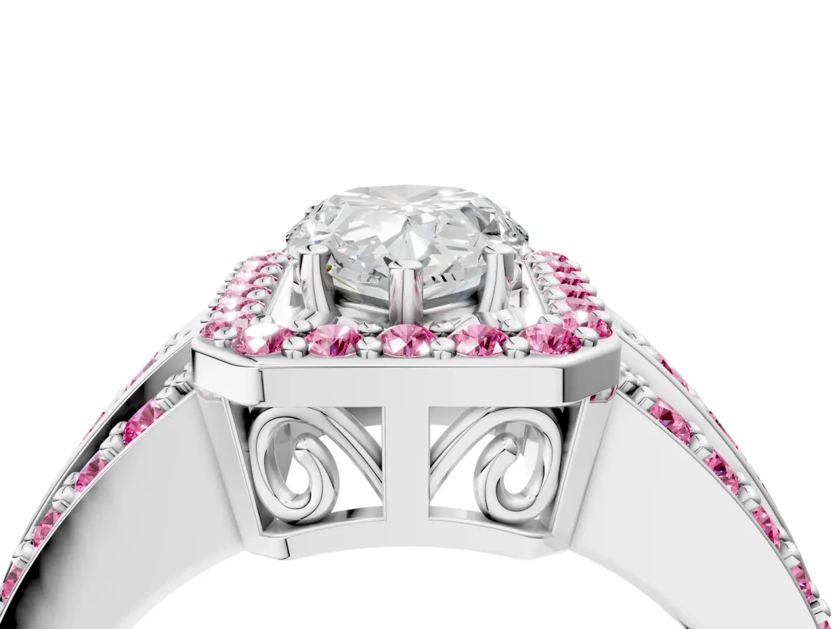 Pear Cut Halo Diamond Ring with Round Pink Sapphire Split Shank and Prong Setting Silver