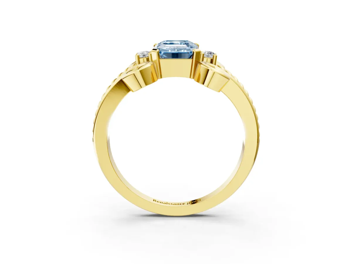 Fancy Blue Emerald Cut Solitaire Twisted Band Scroll Prong Ring Yellow gold