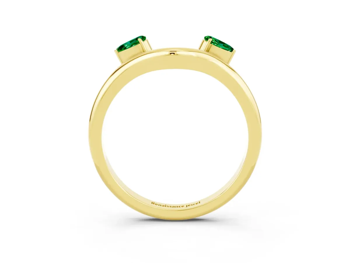 Pear Cut Emerald Two-Stone Open Band Ring with Prong Setting Yellow gold