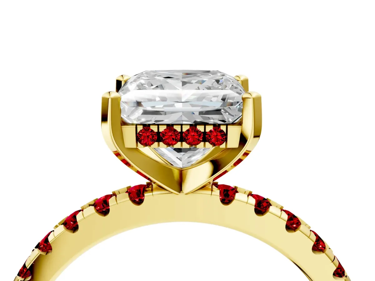 Princess Cut Diamond Solitaire Ring with Round Ruby Pavé Band and Four-Prong Setting Yellow gold