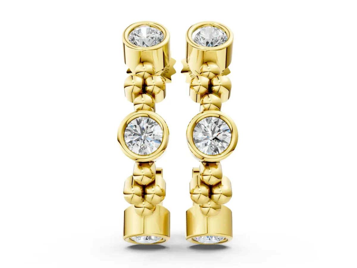 Bezel Set Round Diamond Beaded Hoop Earrings Yellow gold