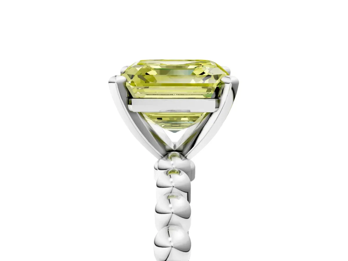 Fancy Yellow Asscher Cut Diamond Solitaire Ring with Beaded Band and Prong Setting Silver
