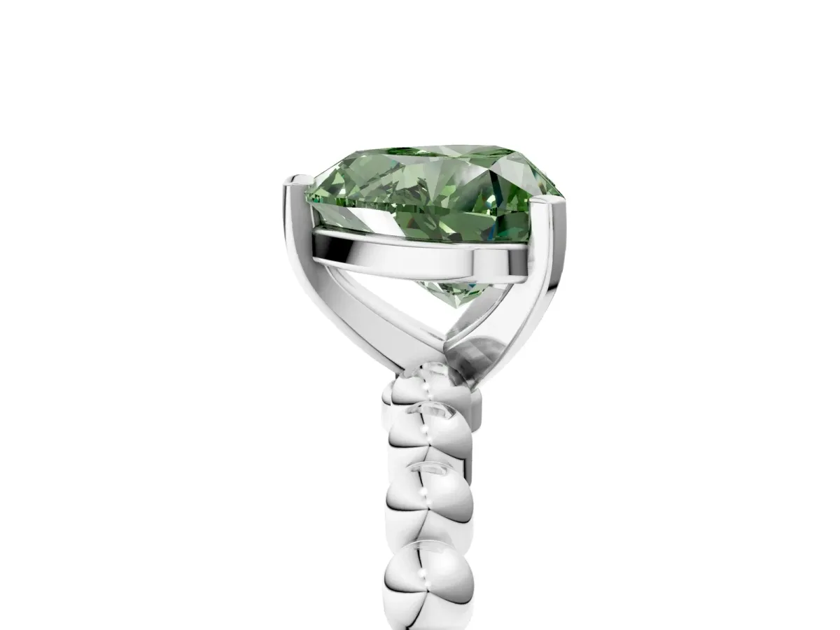 Fancy Green Heart Cut Diamond Solitaire Ring with Beaded Band and Prong Setting Silver