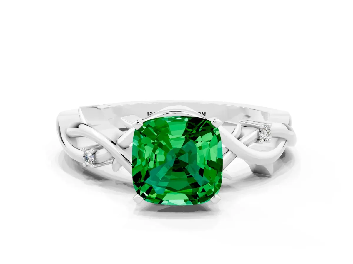 Cushion Cut Emerald Solitaire Ring with Twisted Band and Prong Setting Silver