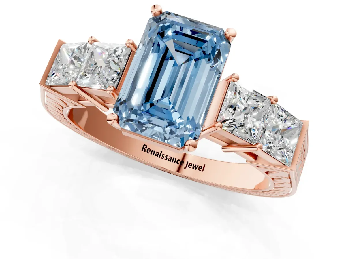 Fancy Blue Emerald Cut Solitaire Princess Side Stone Engraved Band Prong Setting Ring Rose gold