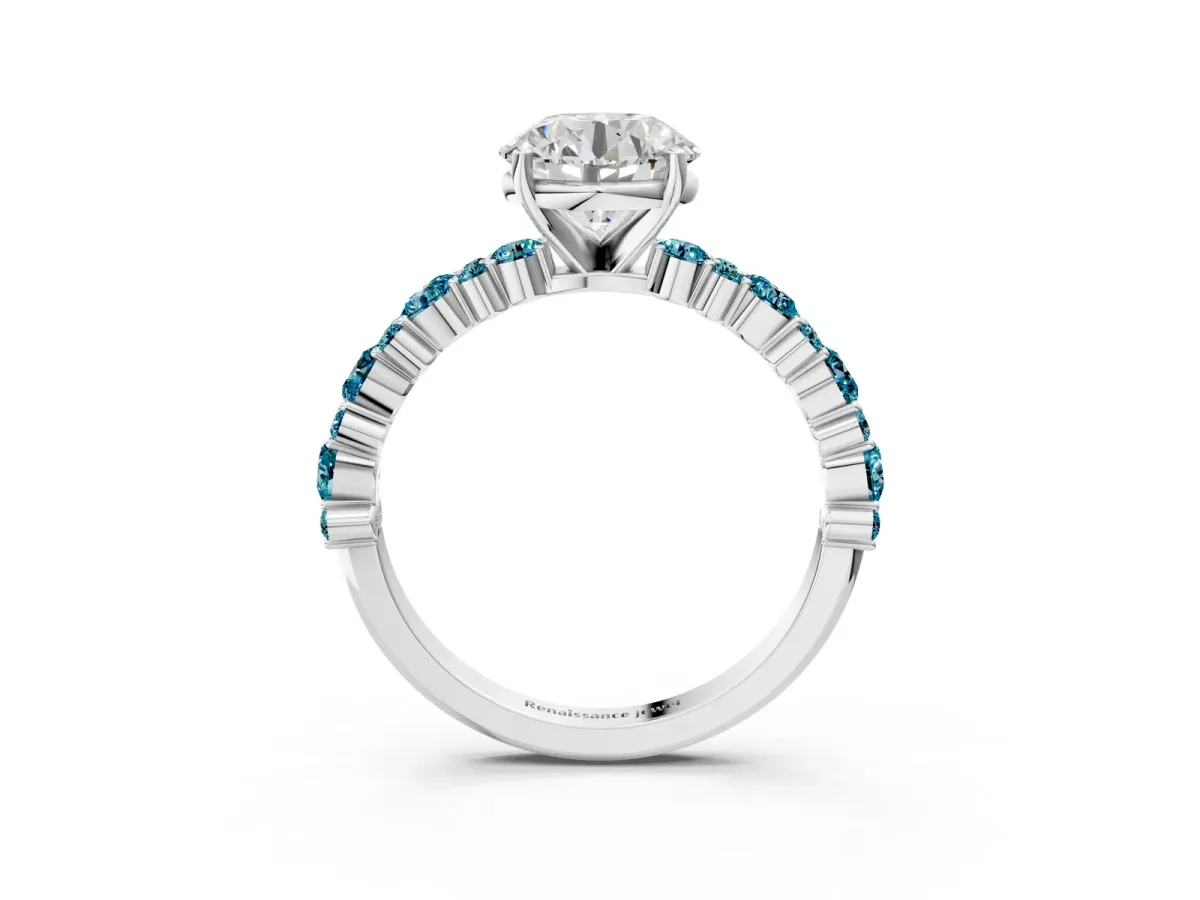 Round Cut Diamond Side Stone Solitaire Ring with Round Blue Topaz and Four-Prong Setting Silver