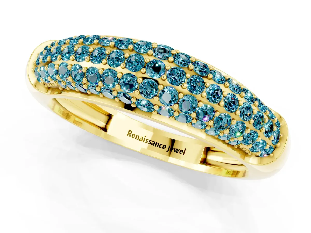 Three-Row Pavé Round Blue Topaz Dome Band Yellow gold