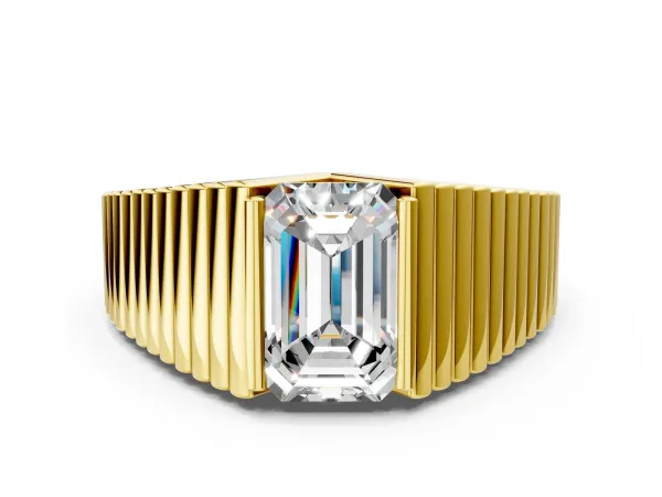 Emerald Cut Diamond Fluted Mens Ring Yellow gold