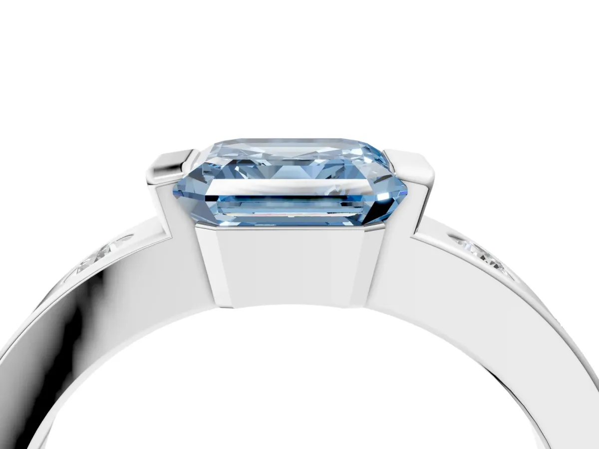 Fancy Blue Asscher Cut Brilliant Channel-Set Diamond Ring with Bezel Prong Setting Platinum