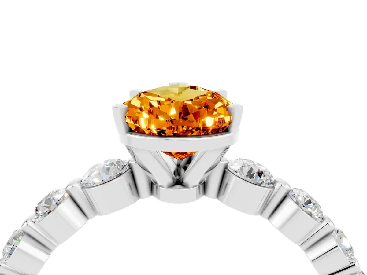 Pear Cut Solitaire Citrine Ring with Pave Band and Four-Prong Setting Platinum