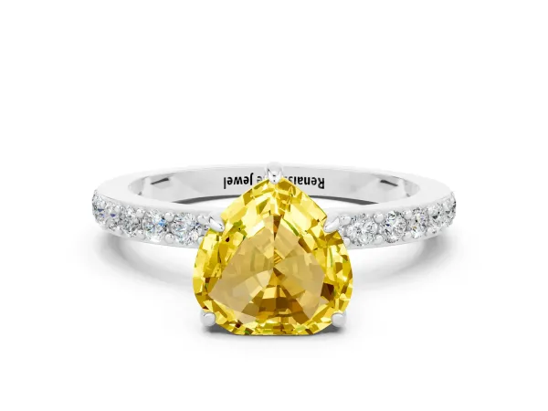 Heart Cut Yellow Sapphire Solitaire Engagement Ring with Pavé Band and Four-Prong Setting Platinum