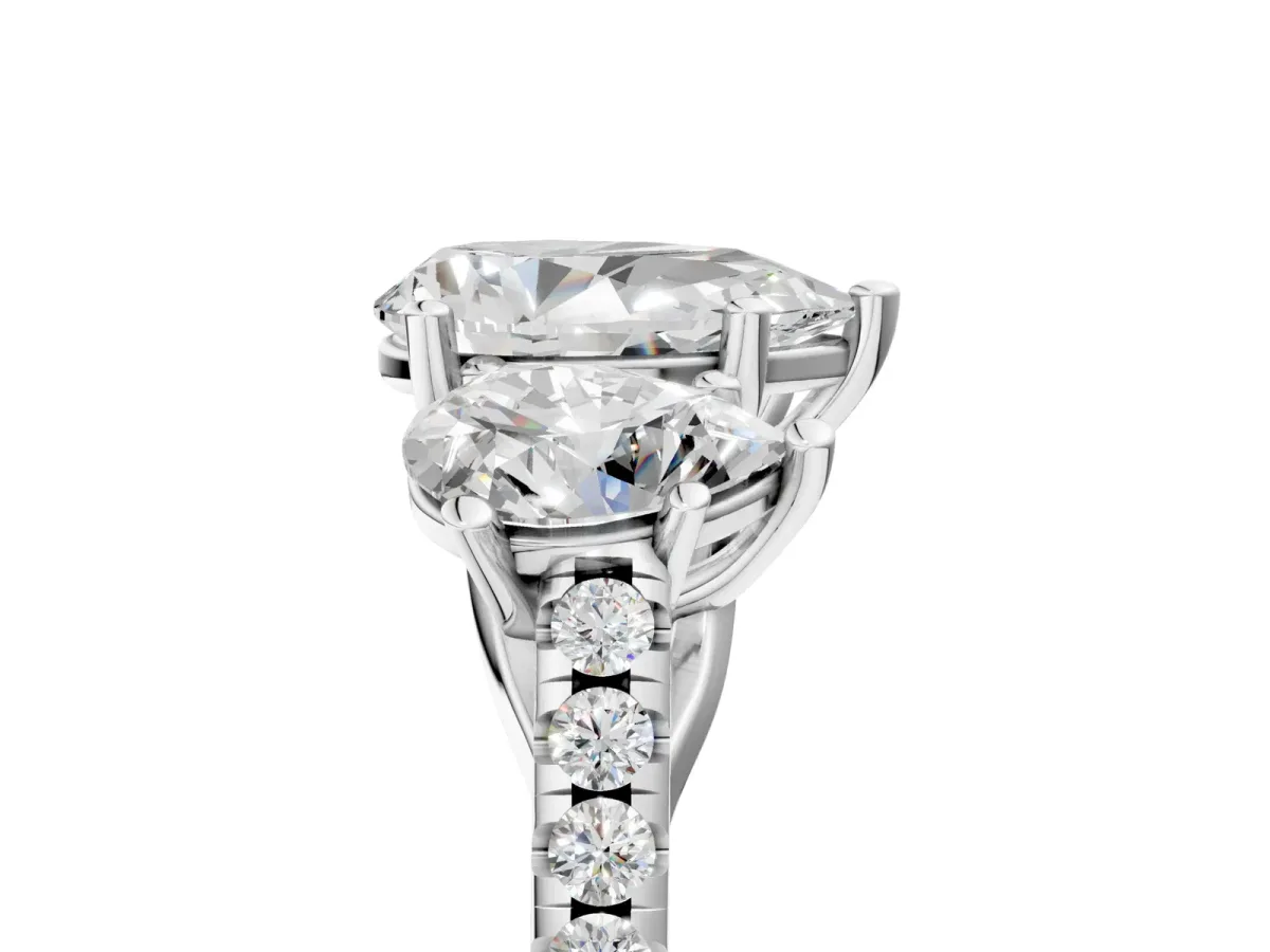 Three-Stone Pear Cut Diamond Ring with Round Moissanite Pavé Band and Prong Setting Silver