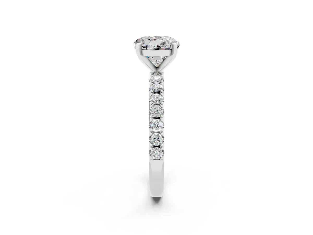 Round Cut Moissanite Solitaire Pavé Band with Four-Prong Setting Silver