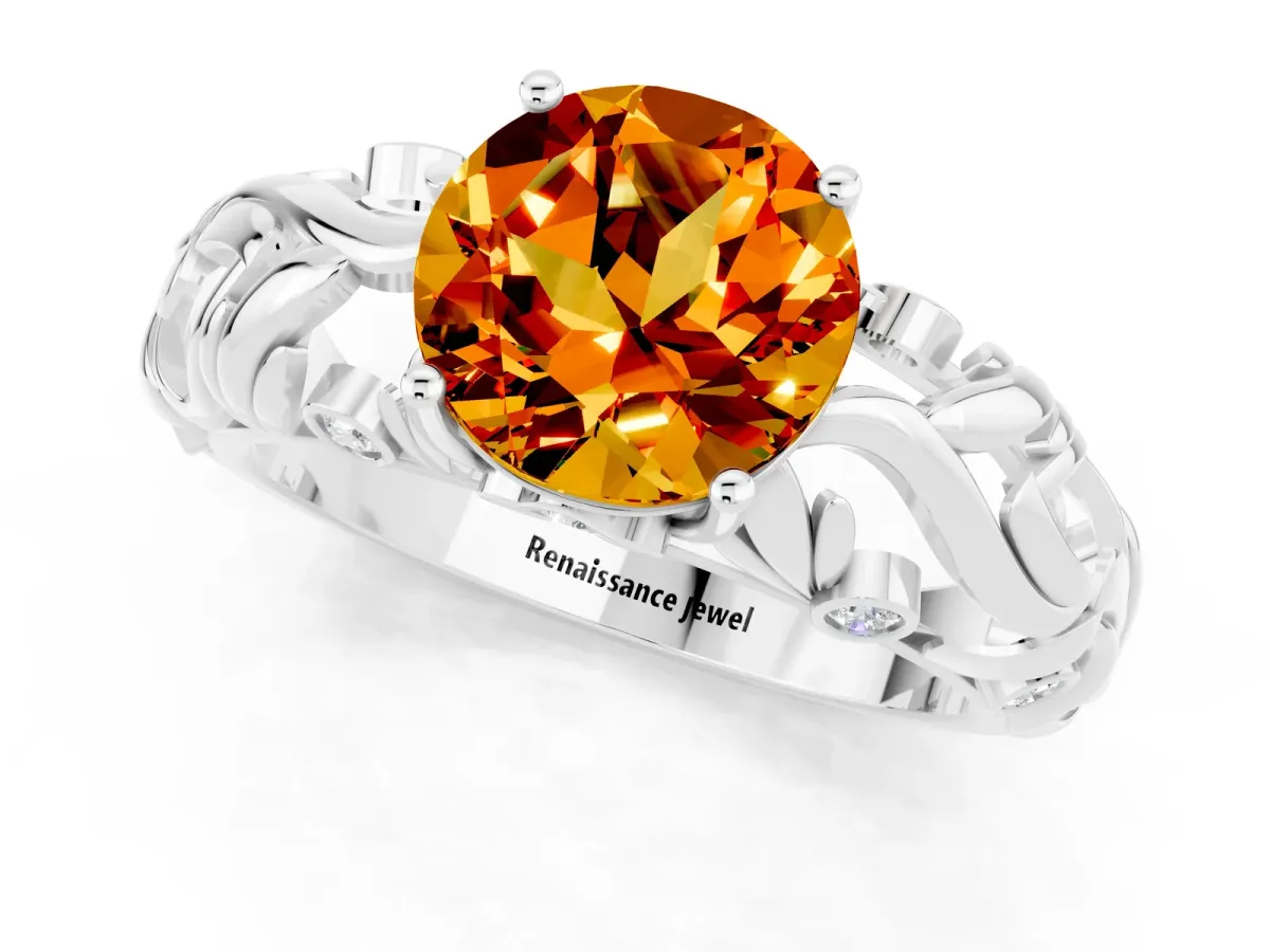 Round Cut Solitaire Citrine Leaf-Inspired Vine Band Ring with Prong Setting Silver