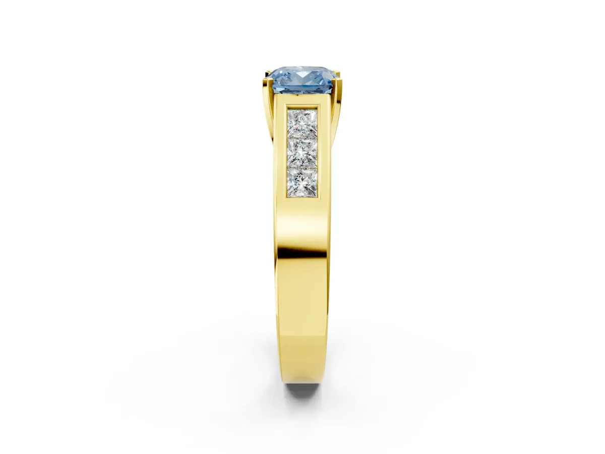 Fancy Blue Cushion Cut Cut Channel Set Solitaire Ring with Four-Prong Setting Yellow gold