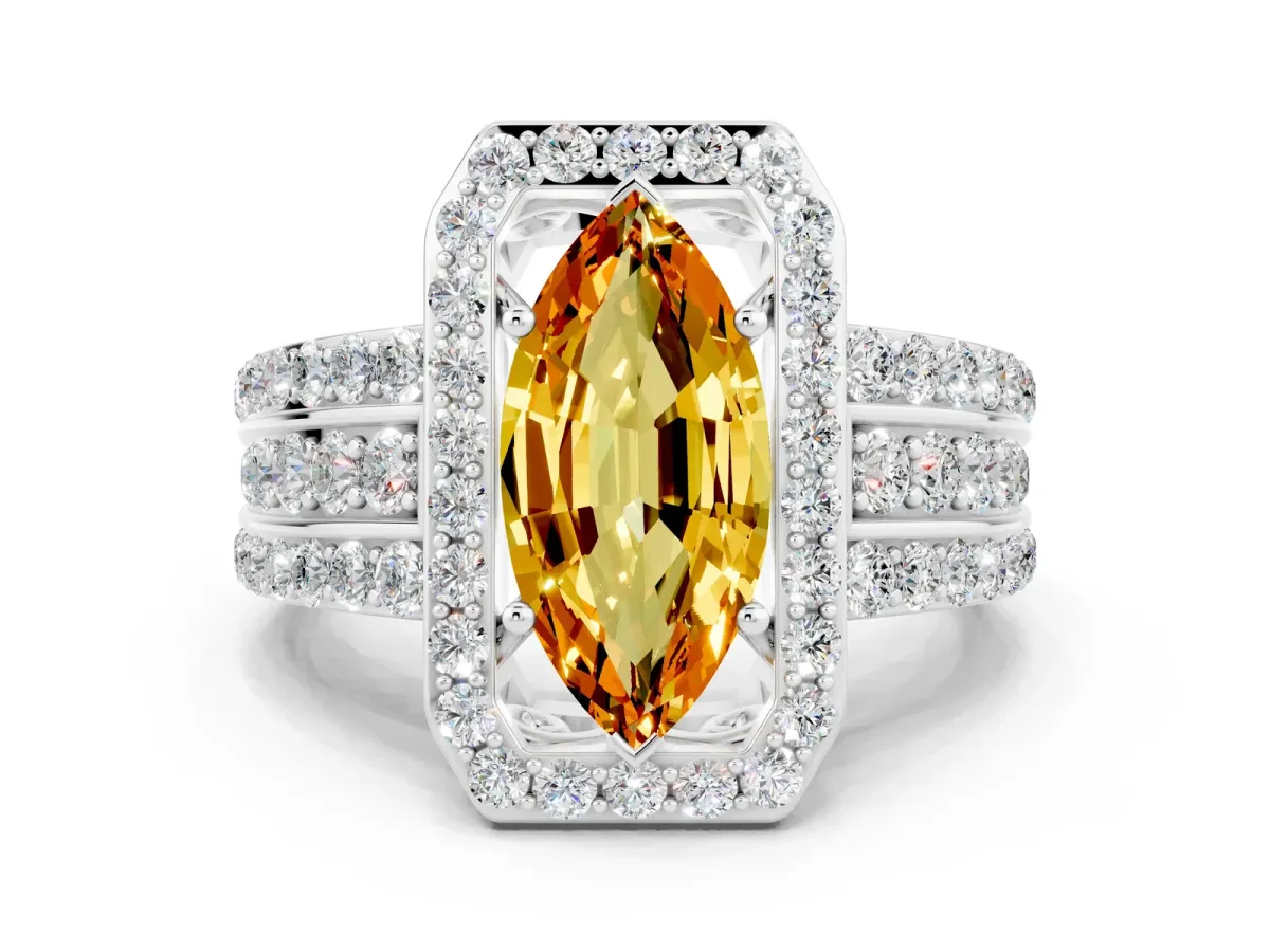 Marquise Cut Halo Citrine Ring with Round Split Shank and Prong Setting Silver