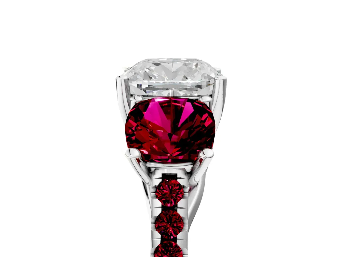 Three-Stone Cushion Cut Diamond Ring with Round Garnet Pavé Band and Prong Setting Silver