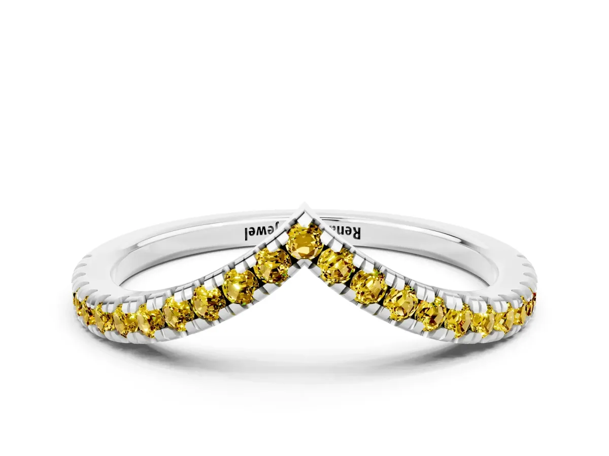 Pavé Round Yellow Sapphire V-Shaped Chevron Band with Shared Prong Setting Silver